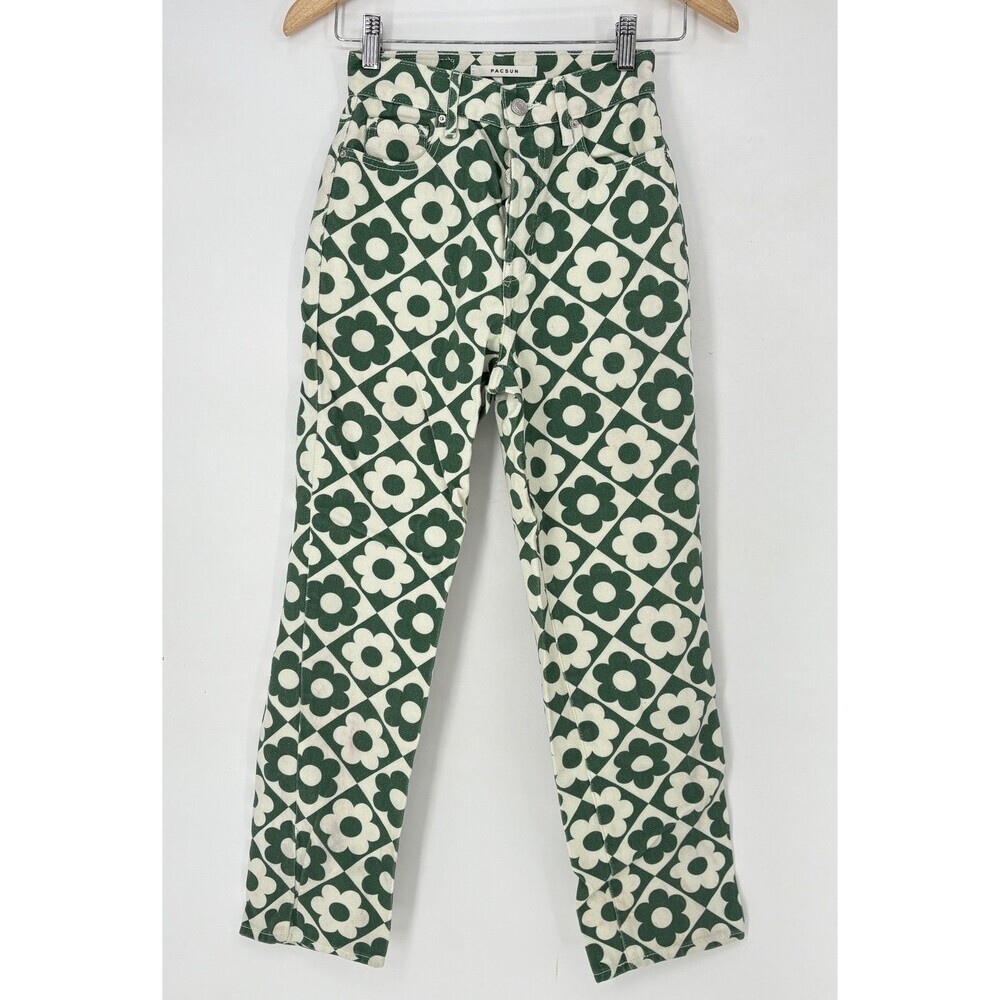 PacSun Straight Leg Jeans Womens 24 Green White Floral Checkerboard Denim Pants